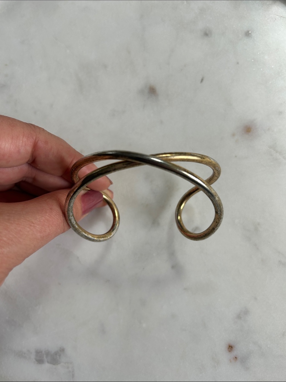 Two-Tone Brass & Silver Crossover Cuff Bracelet